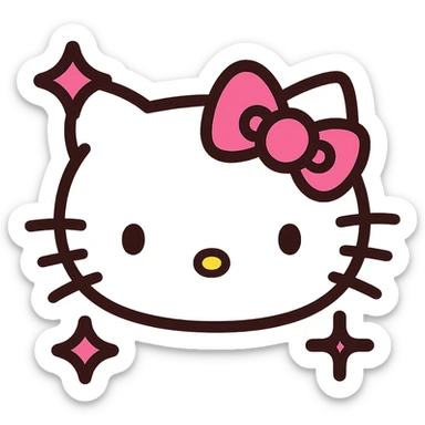 Hello Kitty with a pink bow and sparkles, pink and white girly aesthetic, cute and charming icon style sticker