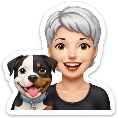 Pitt bull rottweiler white muzzle with black spots tongue out next to middle aged woman with short silver hair sticker
