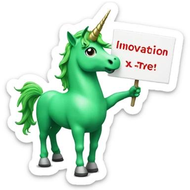 A green unicorn holding a sign that says "innovation Х5" sticker
