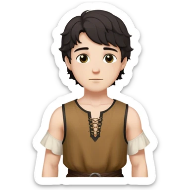 medieval summer outfit worn by a DnD themed fantasy male character. thin, sleeveless cotton tunic with a deep neckline and reinforced stitching around the shoulders. clothes only above the waist. The clothes full waist. The character's haven't arms. character is white-skinned, black hair, brown eyes, short wavy hair. sticker
