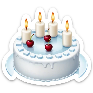 White ice cubes are used to make the shape of a cake, with a circle of bullet ice cubes around it and a cherry-shaped candle in the center sticker
