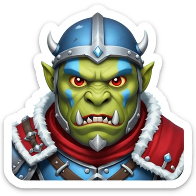 Fantasy Christmas orc legion soldier icon, iron tundra army theme, heavy winter armor, disciplined brutal look, dark icy steel armor with bold crimson cloth and markings, cold blue shadows, high contrast, clean emoji portrait style
 sticker