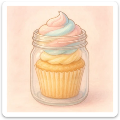 a vanilla cupcake inside a mason jar, pastel colors, cute and appetizing, frosting peeking over the rim sticker
