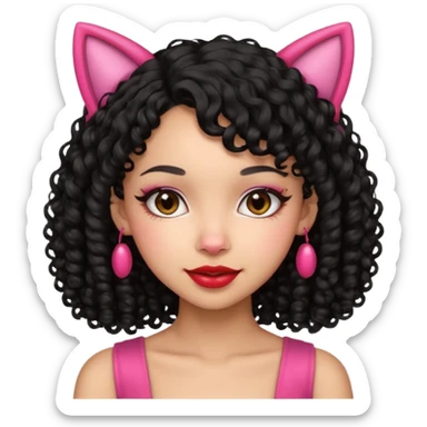 lightskin girl with black curly hair, red lipstick, pink cat ears sticker
