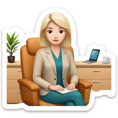 A professional female psychologist, friendly expression, sitting in a therapy office, modern and warm environment, neutral colors, realistic style, white background sticker