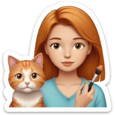A image of a girl with light brown hair doing her makeup with her cat sticker