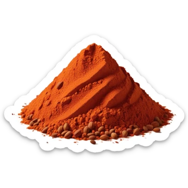 small scatter or mound of vibrant red-orange spice powder with slightly coarse flaky texture and matte finish, warm earthy color suggesting sun-dried peppers ground into fragrant flavorful dust, no bowl spoon or garnish, soft lighting, subtle shadows, emoji scale sticker