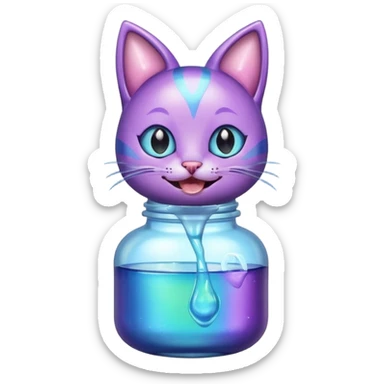 Smiling bottle of oil light purple top and light blue sticking tongue out and with cat ears sticker