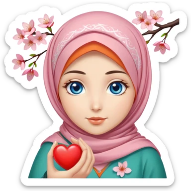 Turkish beautiful finish Konya girl blue eyes with cherry blossom flower orange green design hijab and hold heart in her hand  sticker