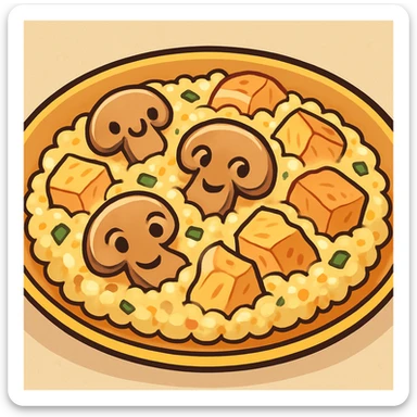 cartoon close-up of chicken mushroom risotto with mushrooms and chicken pieces, cheerful and colorful sticker