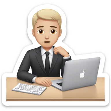 A worried manager sitting at a desk with a MacBook, hands on the keyboard, looking stressed sticker