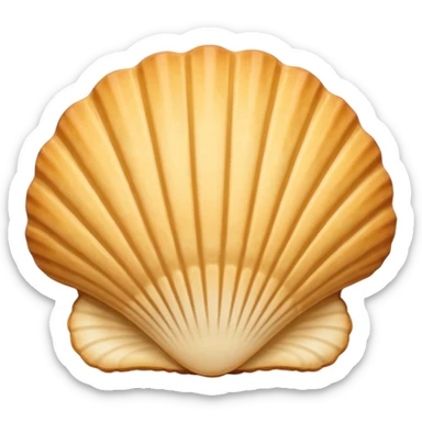 A madeleine pastry. Scalloped seashell shape with four to five vertical lines going in the same direction. Light golden brown. Scalloped edge. Cookie. Flat. sticker