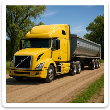 ultra-realistic Volvo yellow semi sleeper truck and silver end dump trailer, both in normal position, driving left down a photorealistic dirt road with trees and grass on both sides, blue sky sticker