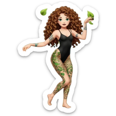 full body view of a woman with long curly brown hair, brown eyes, white skin, tattoos, dancing under glowing spores, fitted dark bodysuit with vine patterns sticker