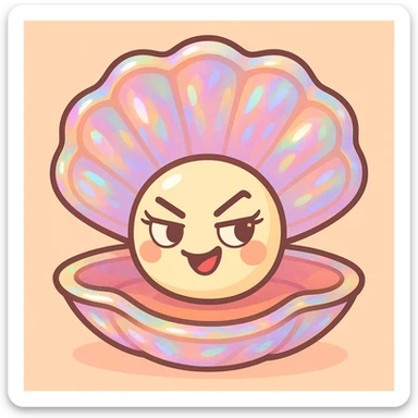 Add pearlescent effects on the oyster shell, make the oyster smaller and the shell bigger, keep the eyelashes and feminine touch, maintain the pastel toon style, background, colors, and mischievous expression as in the reference image. sticker