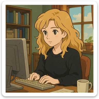 pretty brown-eyed blonde young woman with wavy hair, wearing a black sweater, working on a computer in a cozy office sticker