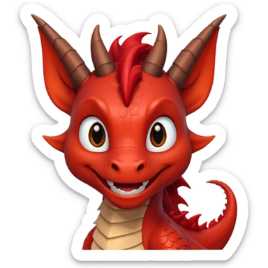 Cute Red dragon smile.  dark horns, pointed ears. Brown mane hair. Head only, Headshot sticker