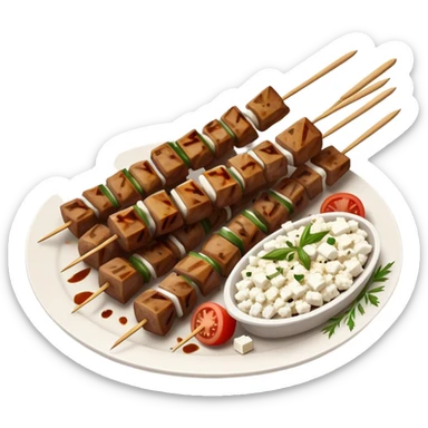 Souvlaki Cinematic Realistic Souvlaki Dish Emoji, depicted as skewered, grilled meat served with a side of crumbled feta cheese, rendered with rich textures and dynamic, appetizing lighting. sticker