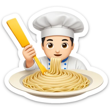 Shanxi knife-cut noodles with chef slicing dough, simplified emoji style with bold outlines and bright colors, cartoon style flying noodle strips sticker