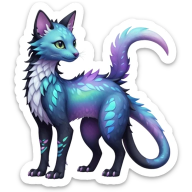 Kawaii black pastel iridescent beautiful pretty elegant divine edgy fantasy feline-vernid-sergal-fursona animal creature with a tufted tail full body with intricate markings  sticker