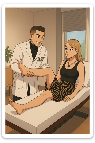 fai un webtoon/manga a colori con questo kinesiologo in camice bianco (fagli la scritta "ANTONIO ANANIA" SUL CAMICE) CHE SVOLGE UN TEST NEUROMUSCOLARE SOLLEVANDO UNA GAMBA ALLA RAGAZZA CHE è STESA SU UN LETTINO BIANCO. STANZA SEMPLICE E MODERNA, DURANTE IL TEST I DUE DIALOGANO TRA LORO. NON FARE I FUMETTI, FAI SOLO LORO COME SE DIALOGASSERO sticker