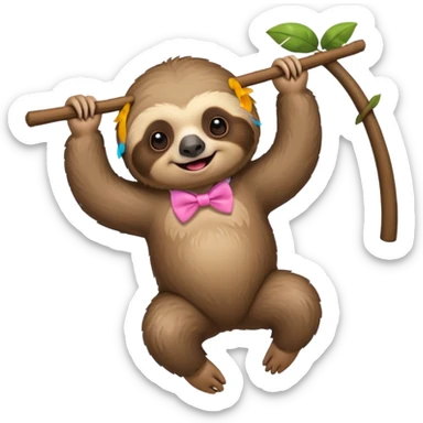 cute swinging Sloth on stick, pink bow tie sticker
