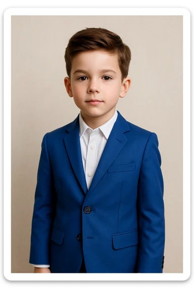 boy wearing a cobalt blue suit, brown hair, neutral background sticker
