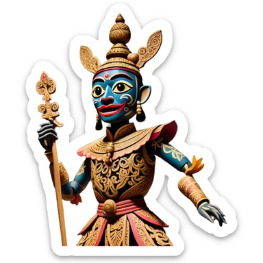 Golek Ayun-ayun – Cinematic Realistic Wayang Golek Ayun-ayun, depicted as an intricately carved traditional wooden puppet with vibrant painted details and expressive features, set on a dimly lit stage with dramatic shadows that evoke centuries of Indonesian theatrical heritage, rendered with lifelike textures and subtle ambient glow. sticker