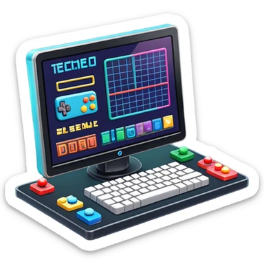 Emoji for Game Design: computer screen with Professional game development interface, 3D models, pixel art and design tools like grid, wireframe, gamepad, joystick, stylus. Symbolizes the technical and creative process of game development. Transparent background. sticker