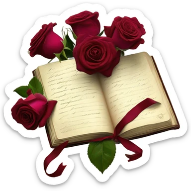 A crimson bouquet of roses with a silk ribbon and an old handwritten diary sticker