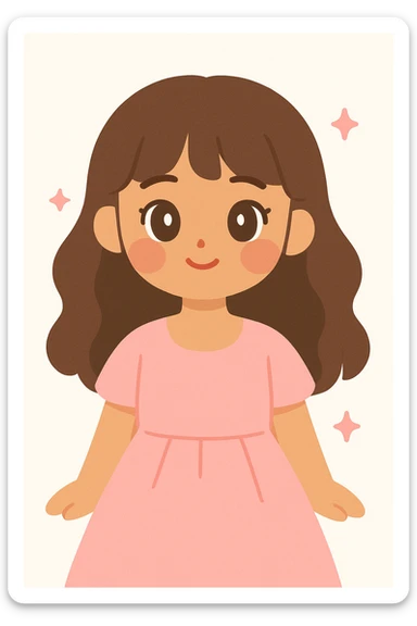 feminine girl with medium skin, soft pink cheeks, big dark hazel eyes, long wavy brown hair and bangs, straight nose, natural red lips, pretty features, in a beautiful pink dress sticker