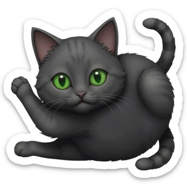 solid dark grey cat with green eyes, completely solid grey face, white toes/paws playing rolling upside down sticker
