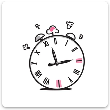 hand-drawn doodle of a clock with numbers flying, pink accents, playful sticker