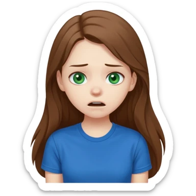 Cute girl with pale skin, long brown hair, dark green eyes, blue t shirt who is chocked sticker