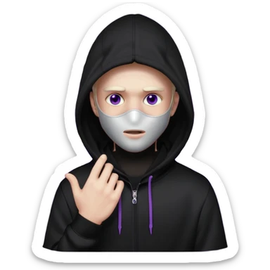 non human male cartoon character related to a shadow, with all black clothes, focusing a black hoodie, and a black versace face mask covering his entire face, just his purple shadow eyes making a light bloom sticker