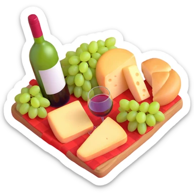 picnic with cheese, bread, grapes and wine on a red and white checkered blanket sticker