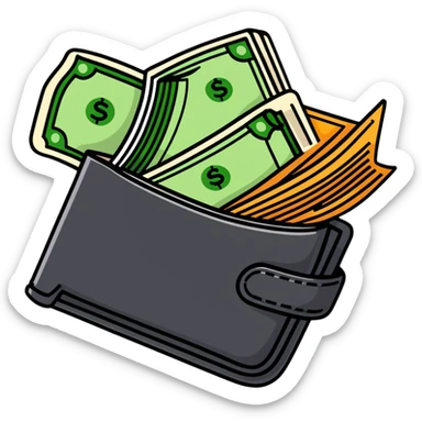 black leather wallet open with dollar bills inside and a small analog clock in top right corner floating above the wallet sticker