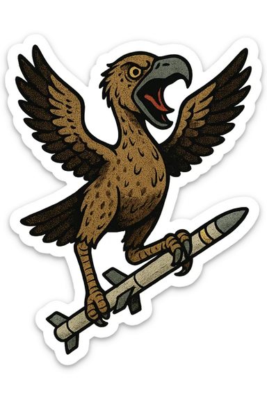 an insignia for a flag: a strange foreign alien bird creature, resembling a prehistoric phorusrhacos, gripping a sidewinder missile in its' powerful claw, standing up on its' other claw, cawing fiercely, wings spread in defiance.
 sticker