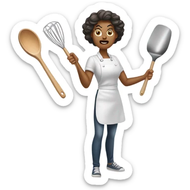 woman with angry face throwing kitchen utensils sticker