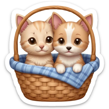 Disney-style cute kitten and puppy cozy in blanket basket  sticker