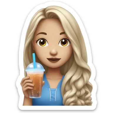 Girl with long hair and blue eyes drinking bubble tea sticker