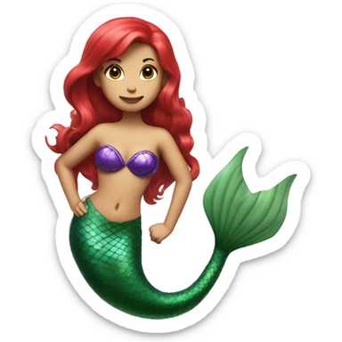 mermaid with red hair, purple shell bra, and shimmery green tail  sticker
