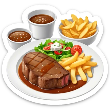 big juicy australian steak meal featuring chips, small salad in a ramiken and gravy  sticker