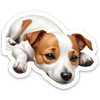 Meme-Worthy Cute Sleeping Jack Russell Terrier Portrait Emoji, Head and body resting peacefully with a contented smile, showcasing a compact, alert yet relaxed form with eyes gently closed in serene slumber, Simplified yet adorably endearing features, highly detailed, glowing with a soft, drowsy canine light, high shine, relaxed and utterly lovable, stylized with an air of playful laziness, soft glowing outline, capturing the essence of a sleeping Jack Russell Terrier that feels destined to become the next viral icon of adorable rest! sticker
