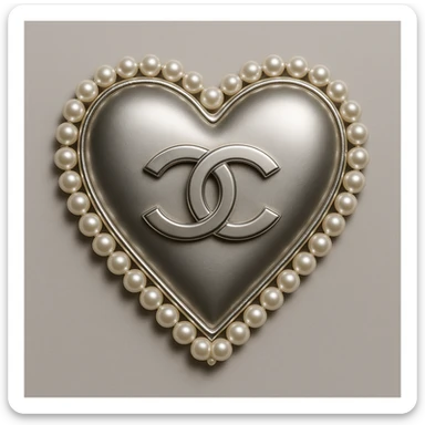 Elegant heart in metallic silver with a pearl border, featuring Chanel interlocking C's at the center, classic luxury style. sticker