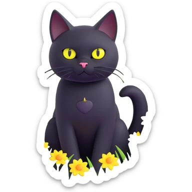 A black cat with wide, curious yellow eyes surrounded by a vibrant meadow of green grass, yellow and white flowers sticker