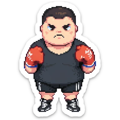 white man with dark hair, dark eyes, buzzcut faded haircut, overweight 100kg boxer, chubby face, stocky build, wearing full black clothes, black adidas boxing gloves, highly pixelated, chunky pixel style, low resolution sticker