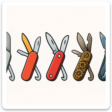 a multitool, like a pocket-knife with multiple tools, in a variety of visual styles sticker