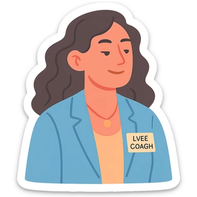 portrait of a calm, confident life coach woman with wavy hair, steady and empowering expression, professional attire, uplifting aura, pastel tones sticker