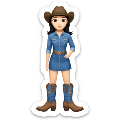 Woman black hair denim dress knee high cowboy boots sticker